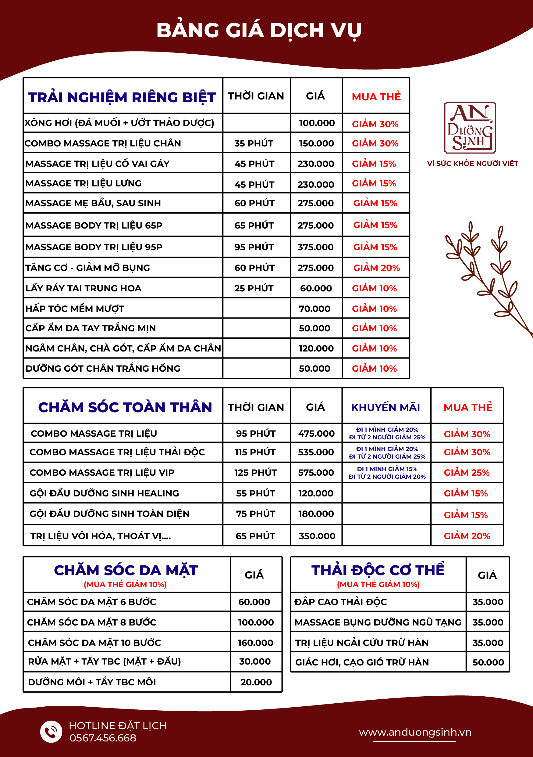 Bảng giá An Dưỡng Sinh